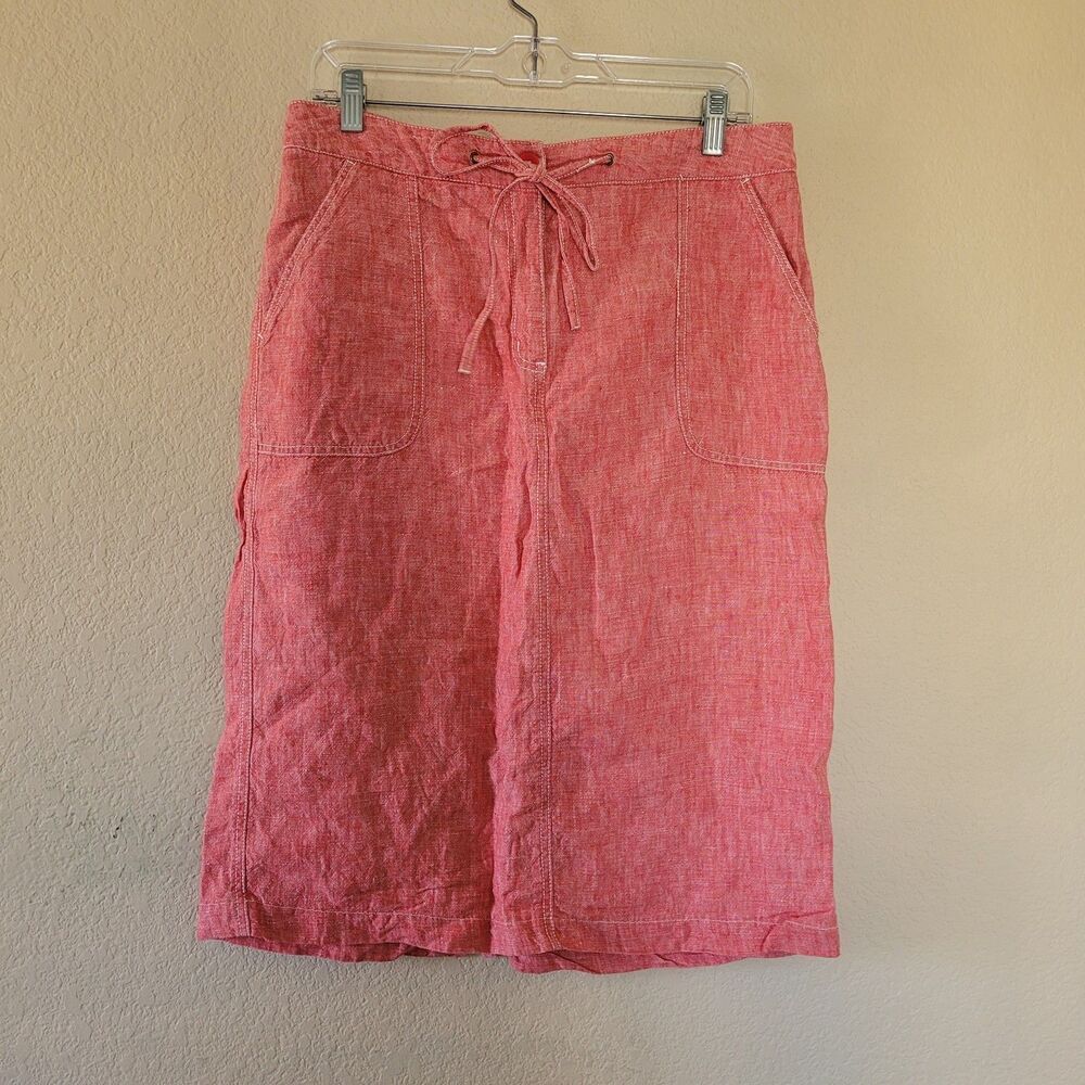 Chadwicks 100% Linen Orange Midi Skirt Size 12 Tie Waist Pocket Slit Lightweight